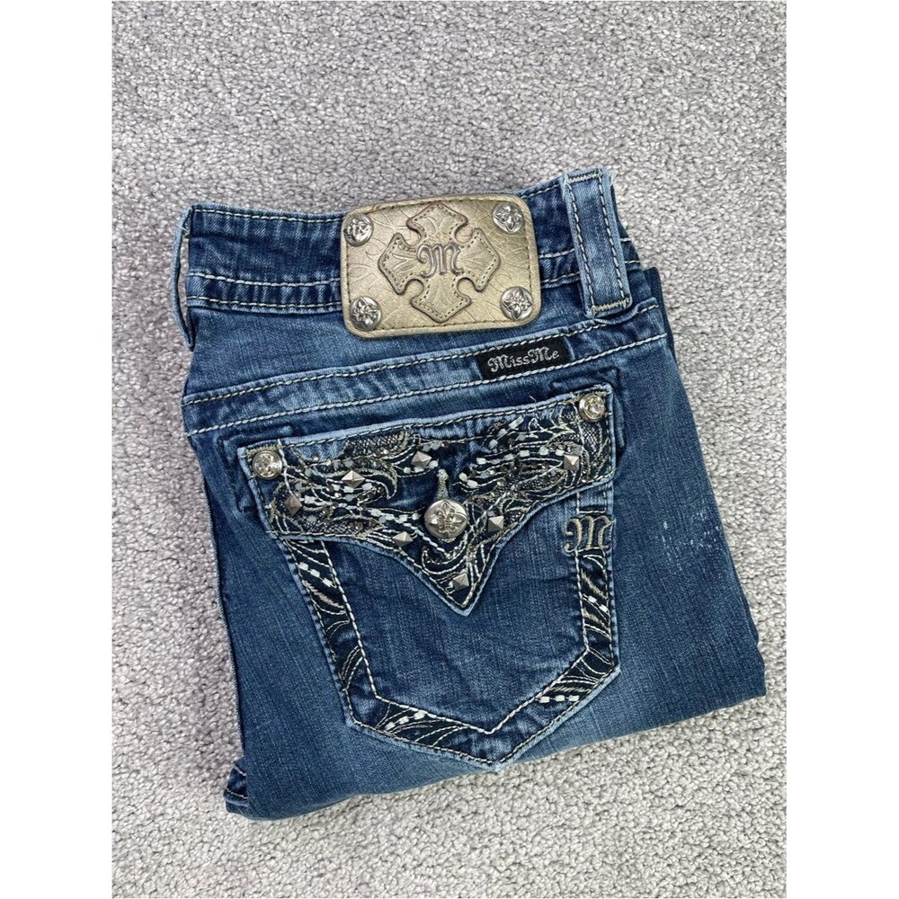 Miss Me Signature Ankle Skinny Jeans Women’s 31 Blue Stretch Bling Pocket